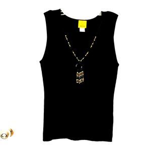 Vintage Ruby Road Wms Large Black Sleeveless Sweater Tank Beaded Necklace